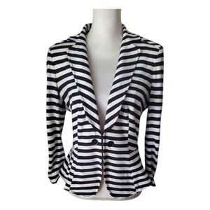 White House Black Market  Striped Knit Blazer Black White Fitted Stretch Size 10